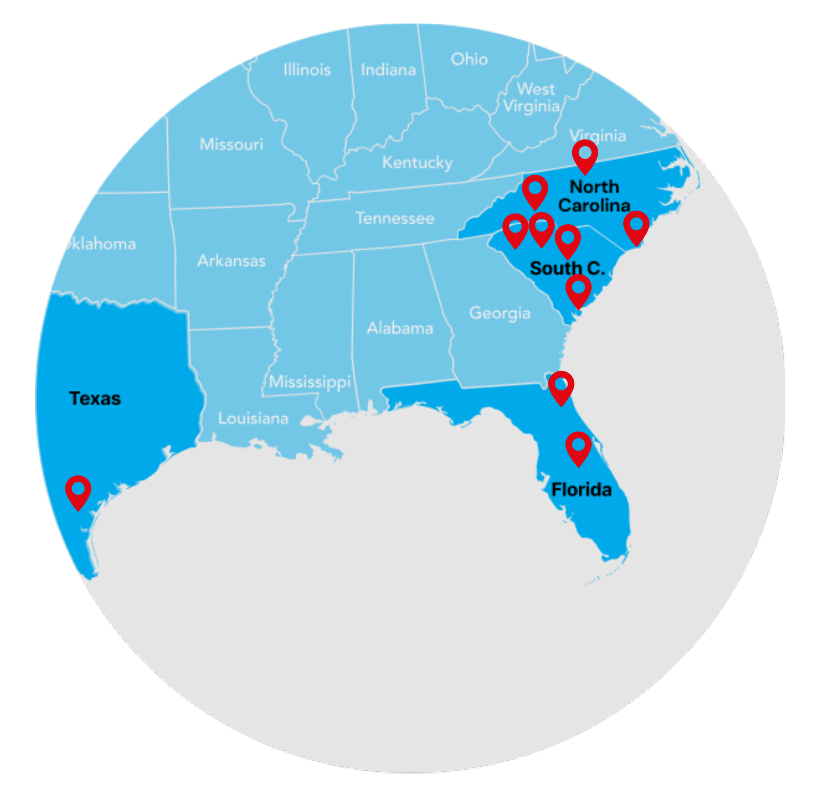 Map of markets served: North Carolina, South Carolina, Florida and Texas